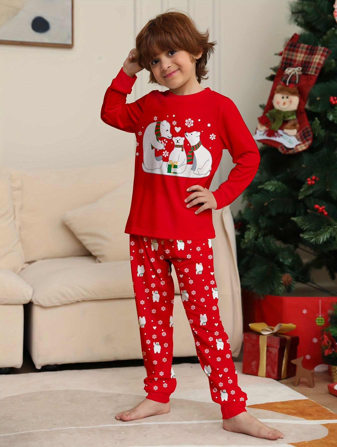 2pcs Kid's Polar Bear Print Long Sleeve Top & Pants Set, Comfy Set For Everyday Life, As Christmas Gift