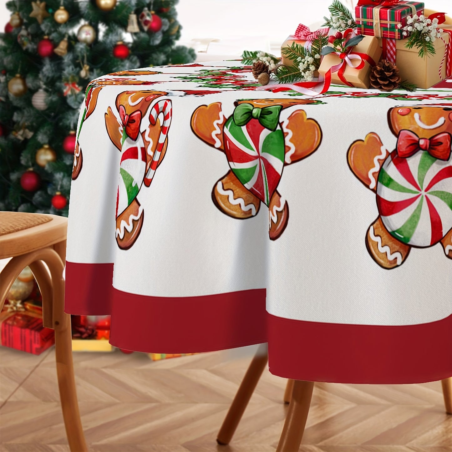 1pc Christmas Polyester Tablecloth - Lively Gingerbread Man Candy Pattern - Festive Decor for Home & Events - Durable Fabric, Instantly Adds Holiday Cheer - Perfect Christmas Gift