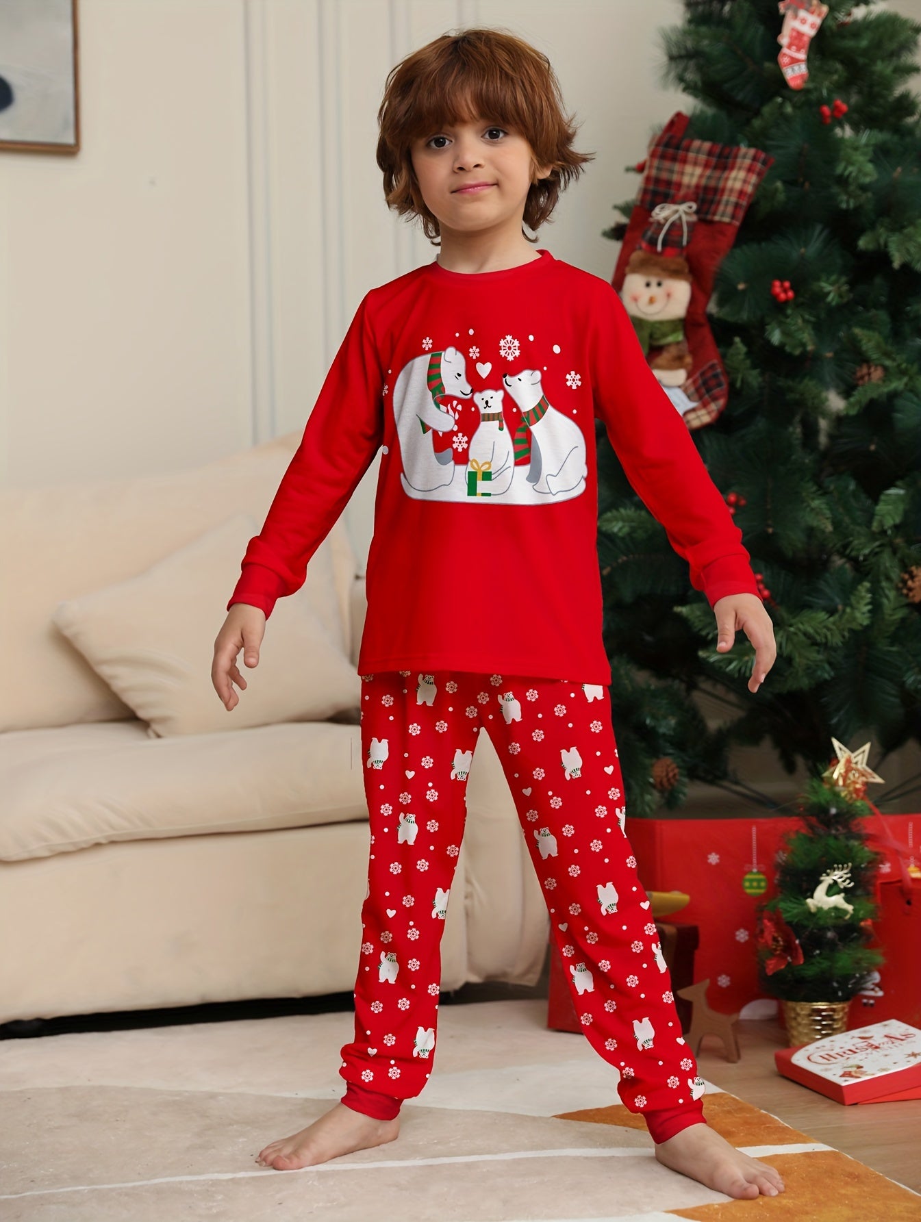 2pcs Kid's Polar Bear Print Long Sleeve Top & Pants Set, Comfy Set For Everyday Life, As Christmas Gift