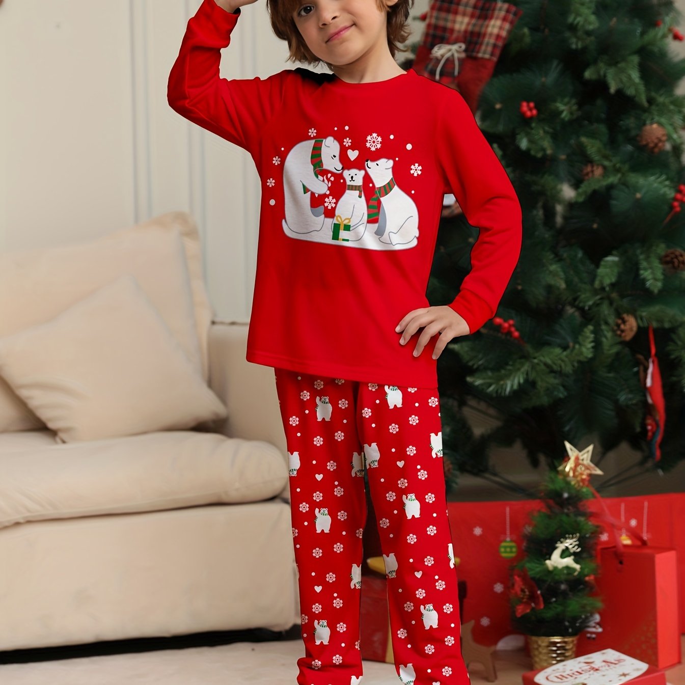 2pcs Kid's Polar Bear Print Long Sleeve Top & Pants Set, Comfy Set For Everyday Life, As Christmas Gift