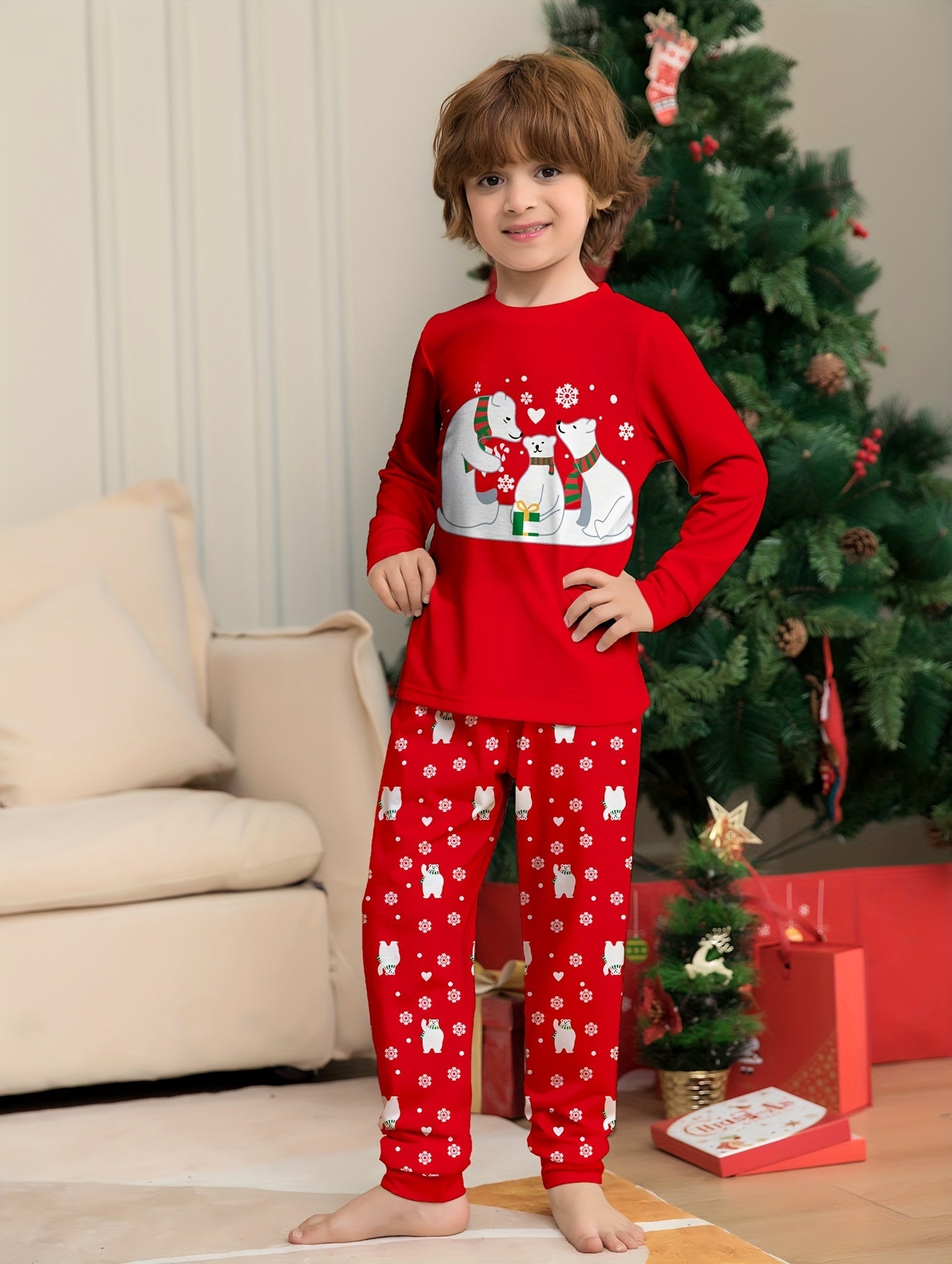 2pcs Kid's Polar Bear Print Long Sleeve Top & Pants Set, Comfy Set For Everyday Life, As Christmas Gift