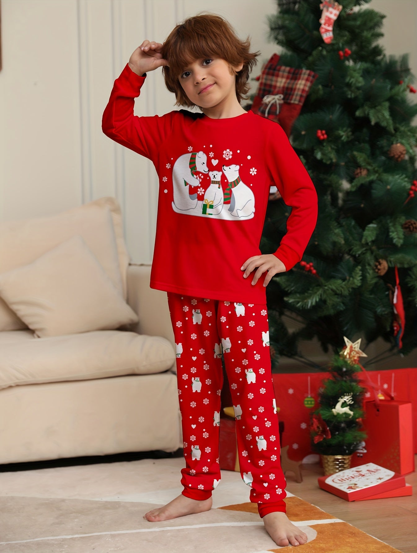 2pcs Kid's Polar Bear Print Long Sleeve Top & Pants Set, Comfy Set For Everyday Life, As Christmas Gift